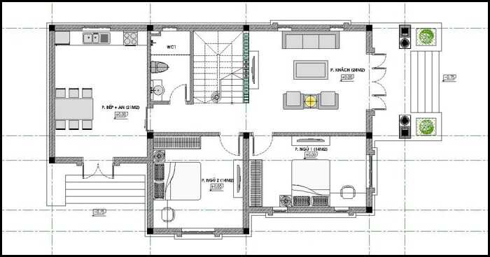 Bản vẽ thiết kế nhà 2 tầng 4 phòng ngủ mái thái